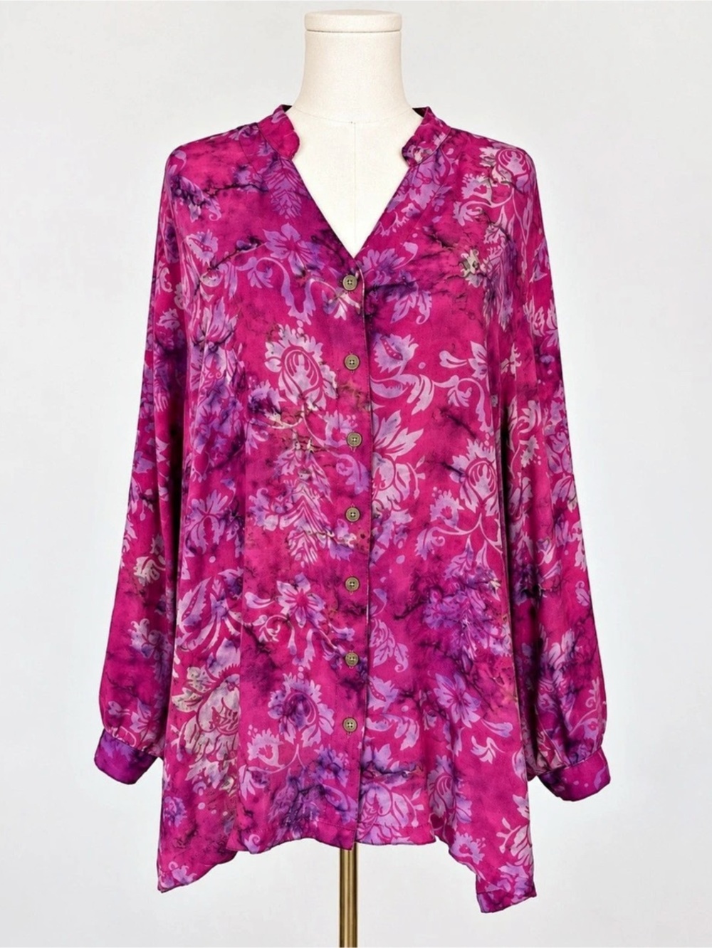 Soft Surroundings XXL Pink Purple Floral Rayon Button Front Boho Tunic Blouse